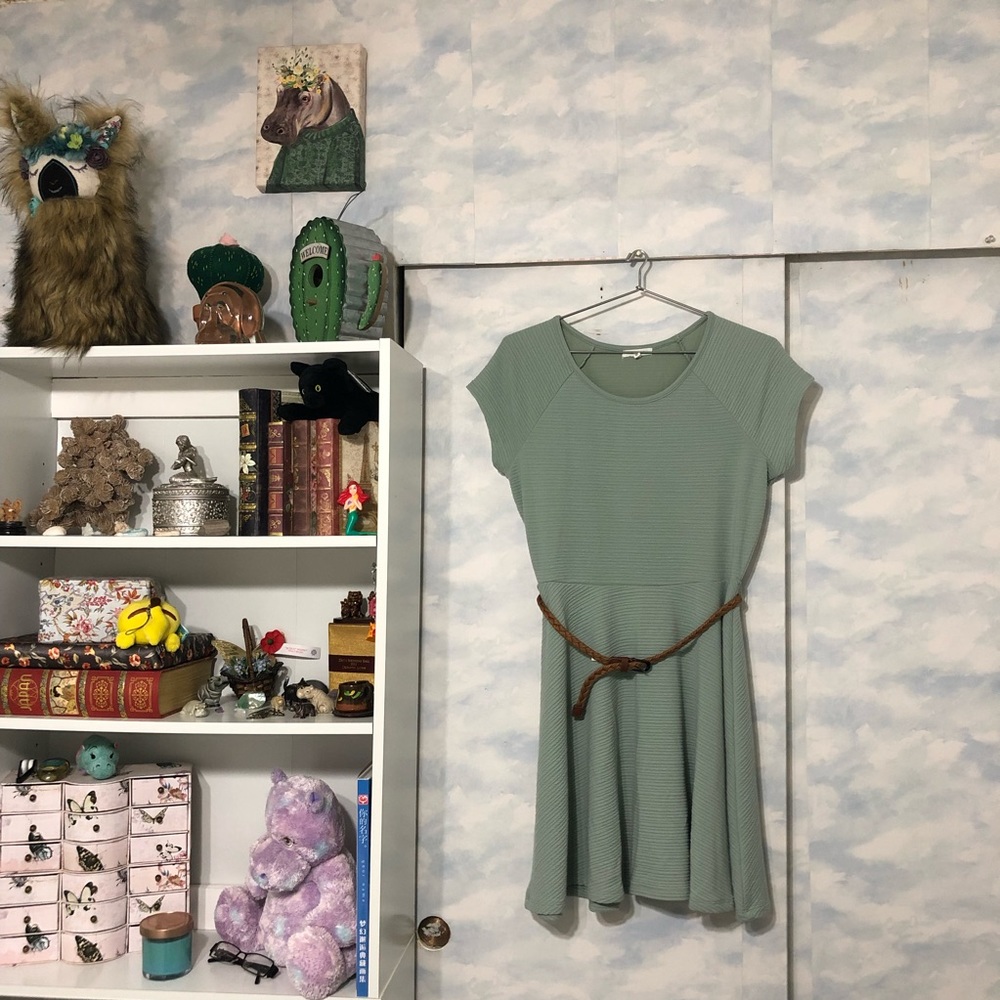 Green Textured Braided Belt Dress